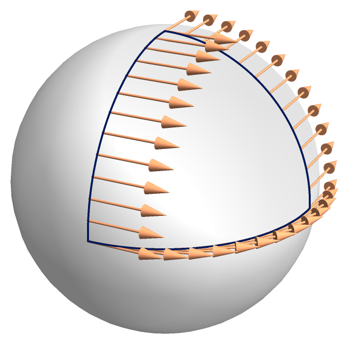 A vector pointing to the east at every point along the spherical triangle described in the main text.