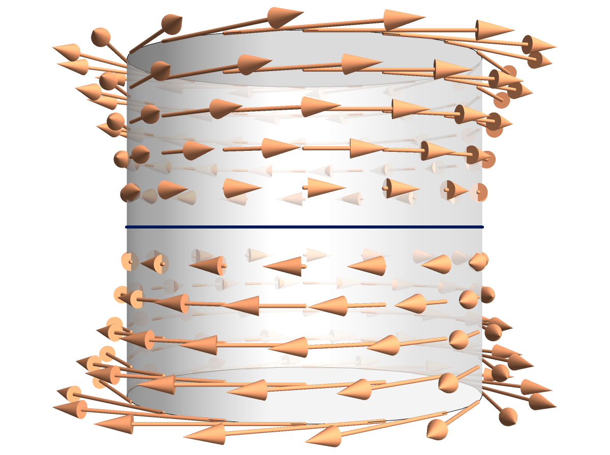 A vector field on the cylinder which points horizontally: counterclockwise above the equatorial circle on the cylinder, and clockwise below the equatorial circle. The lengths of the vectors is proportional to their height above the equatorial circle.